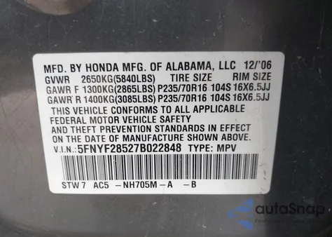 2007 Honda Pilot Ex-L from USA, damaged, VIN 5FNYF28527B022848